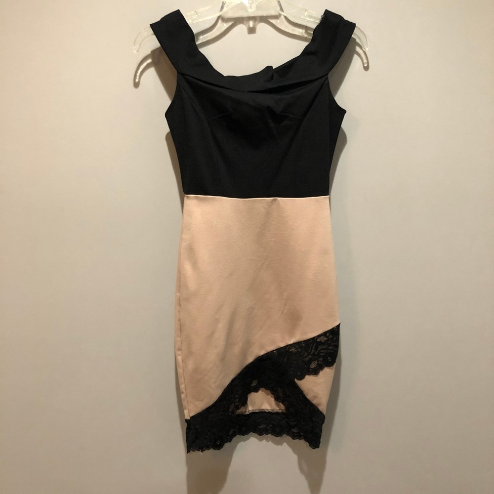 Over The Shoulder Black and Beige Mini Dress